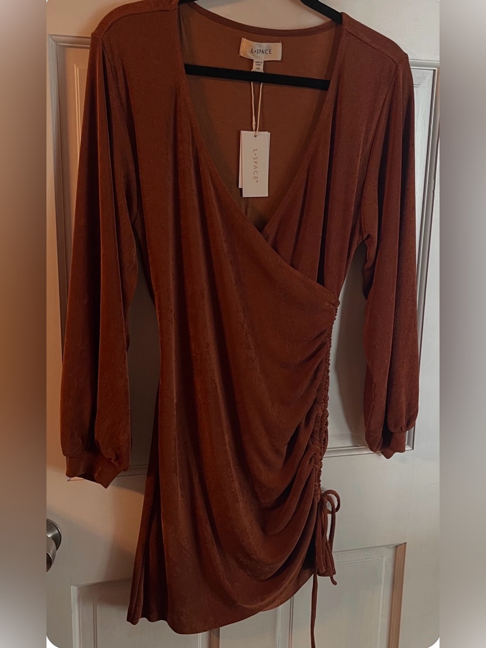 l*space Rust Wrap-Style Long Sleeve Ruched Dress - Picture 2 of 8